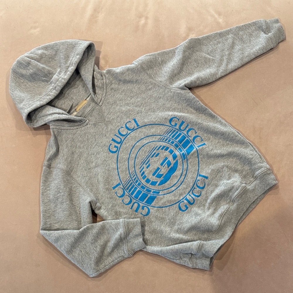 Kids Gucci Heather Gray Hoodie with Vibrant Blue Emblem